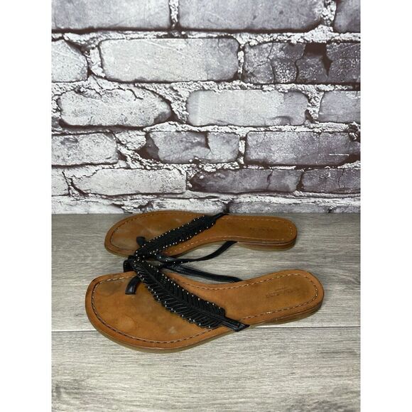 Coach New York DENI Black Leather Feather Thong Flat Sandals Women Sz 8B US/38EU - Picture 2 of 16